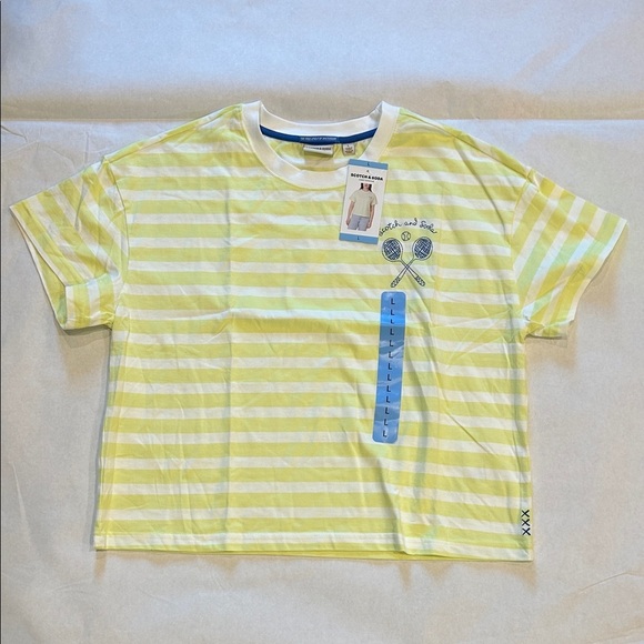 Scotch & Soda Yellow and White Striped Short Sleeve Crop Tennis Girl Tee large - Picture 1 of 7